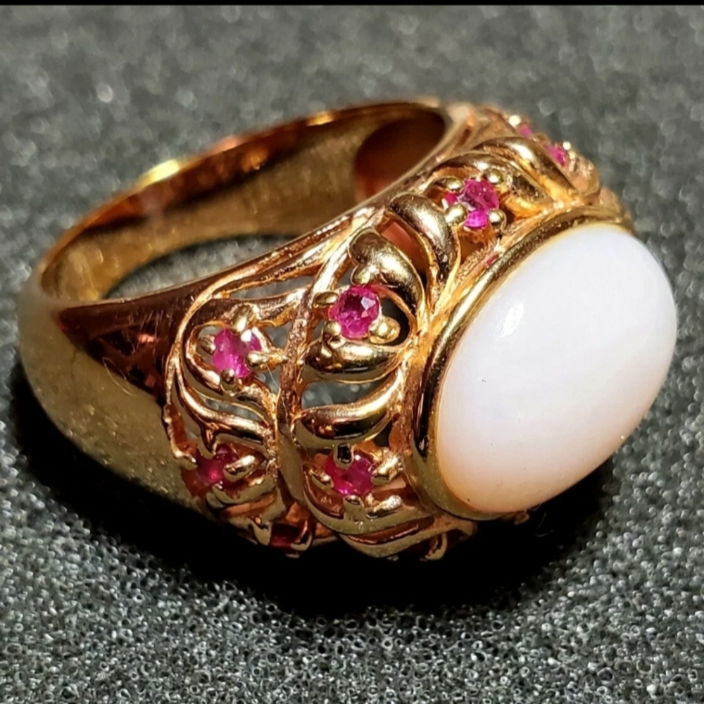 Stunning Sterling Silver 18k Gold Vermeil Pink Opal & Ruby Ring